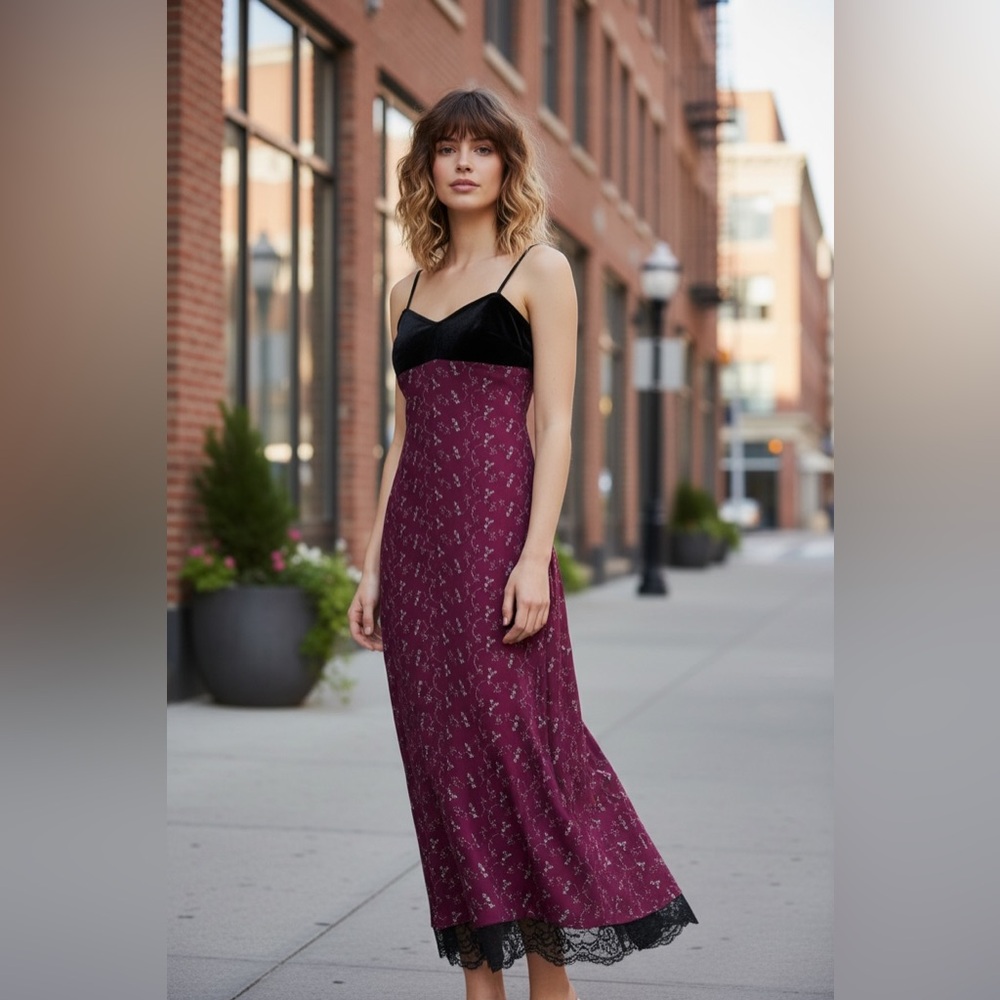 90’s Steppin' Out Burgundy Black Floral Metallic Lace Fitted Maxi Grunge Dress